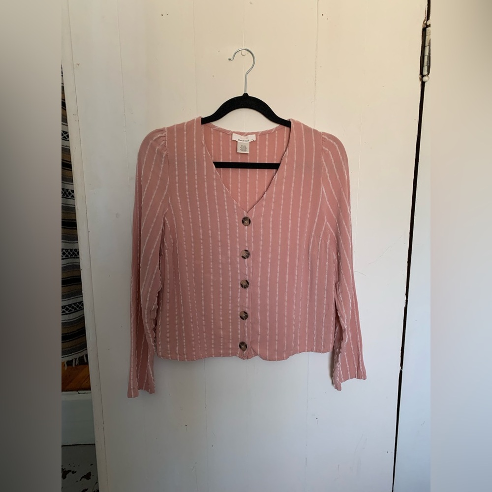 Linen blend Urban Romantics pink striped textured button up long sleeve top